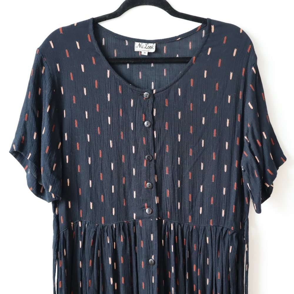 Vintage Nu-Look Black Patterned Button Front Midi Dress with Waist Ties